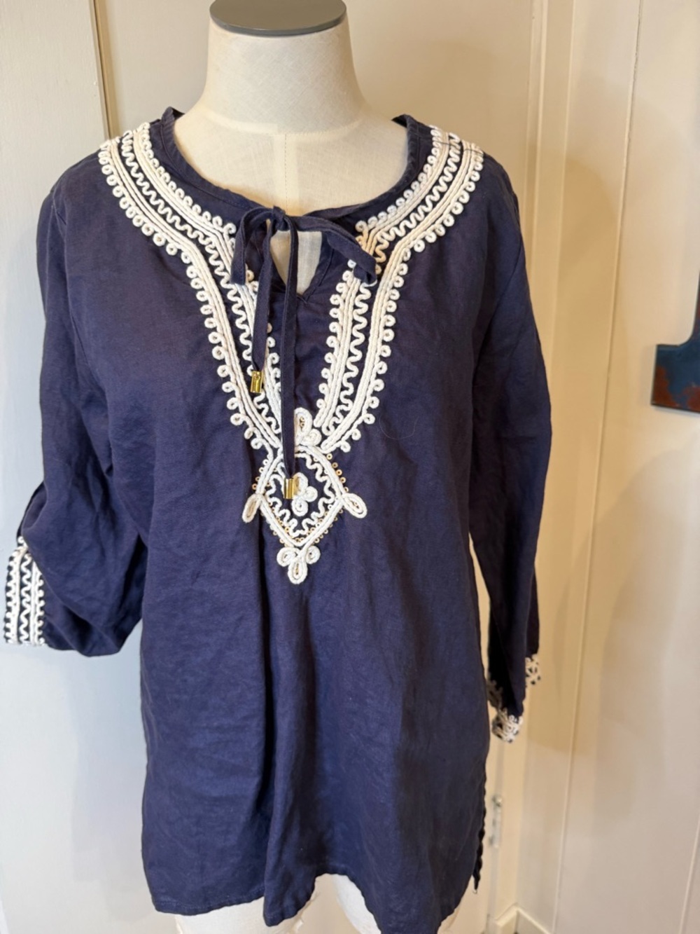 Symple NYC Navy Embroidered Peasant Tunic with White Trim Coastal Sz S